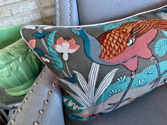 Peacock & Banana Leaf Tropical Bird Art Deco Style 1970's Mid Century Fabric Pillow