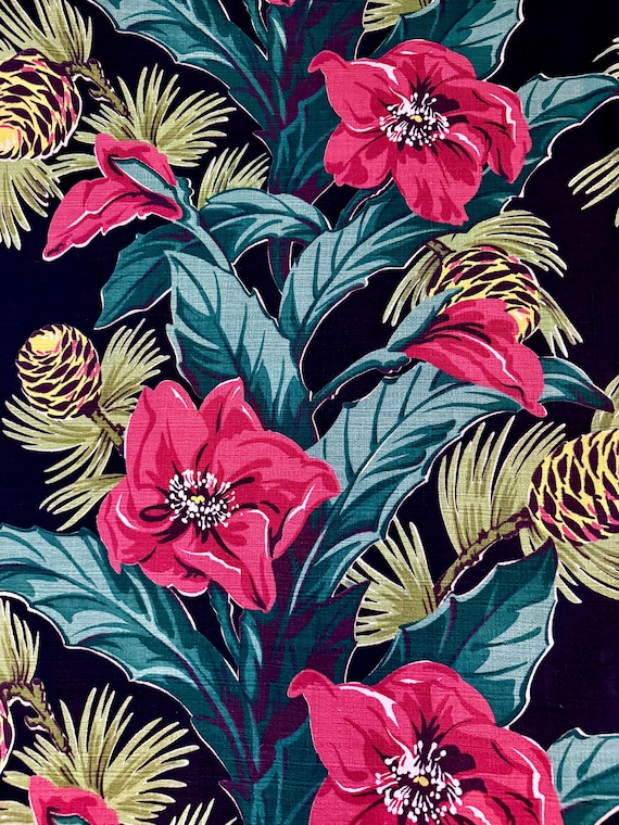 30’s Art Deco Magnolias & Pinecones Barkcloth Vintage Fabric Drape Curtain 6Avail