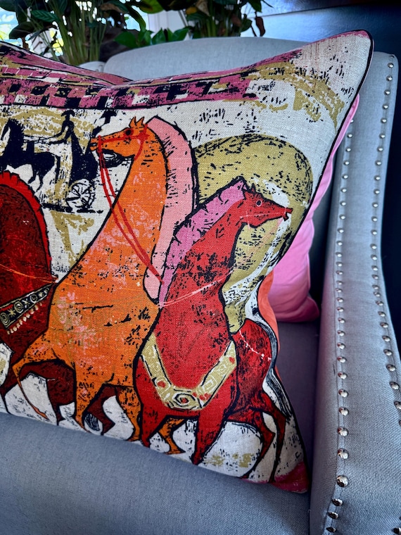 Brutalist Tibor Reich Etruscan Horses Chariots Mid Century Vintage Linen Fabric PILLOW