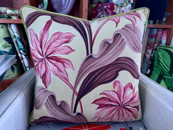 1930's Florida Poinsettias PALMS Art Deco Mid Century Barkcloth Fabric PILLOW