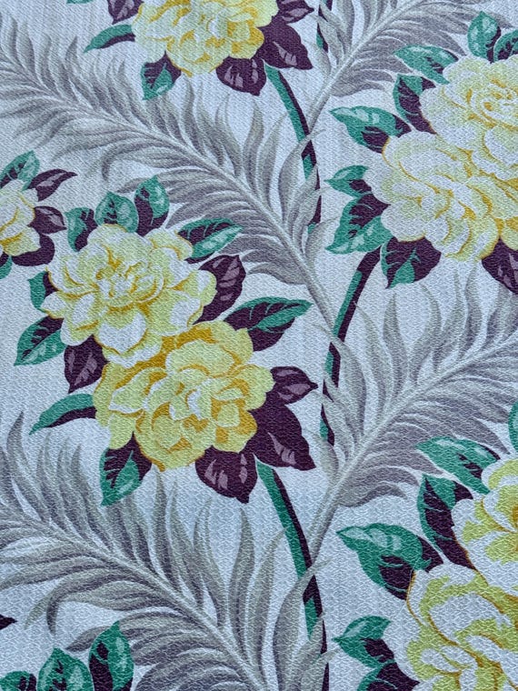 Tropical Camellia ROSES & Ferns 1930’s Lined Barkcloth Vintage Fabric Drape Curtain 4 Avail.