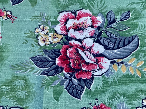 30's Camelia Roses on CELADON Seafoam LIME Barkcloth Vintage Fabric 9YDS Avail.