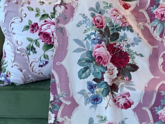 Cartouche Bouquets of Roses 1930’s Hollywood Glam Barkcloth Vintage Fabric Drape Curtain 4 Avail.