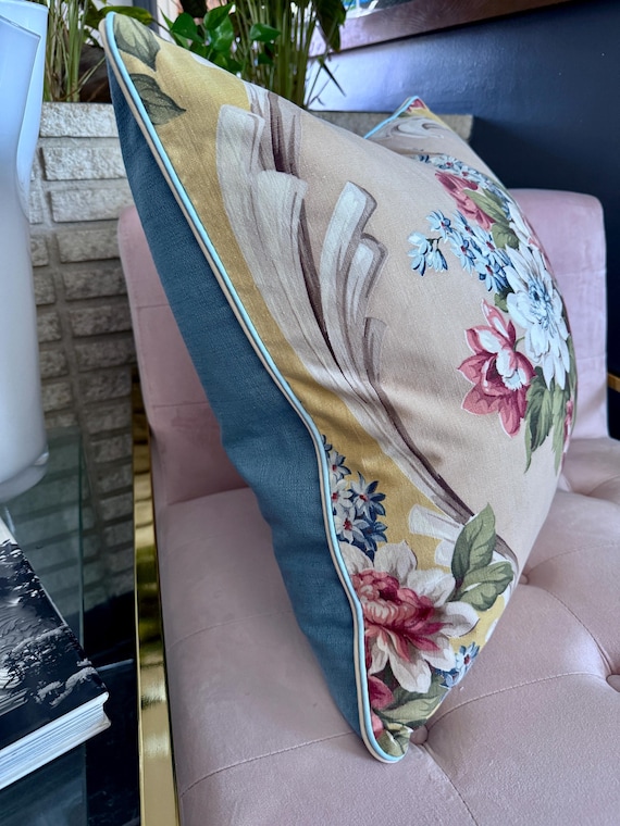 French Country ROSES Neoclassical Hollywood Regency Barkcloth Vintage Fabric PILLOW