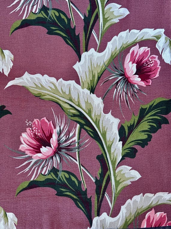 Palm Springs Desert Cactus on Mocha Clay 40’s Barkcloth Vintage Fabric Drape Curtain 4 Avail.