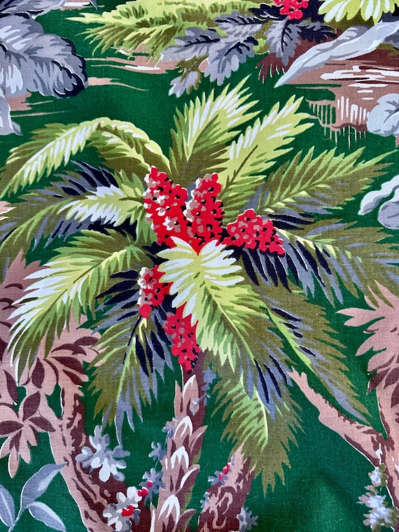 The Jungle! Island Woodsy Tropical oil Dark lime Barkcloth Era Vintage Fabric 4YDS Avail.