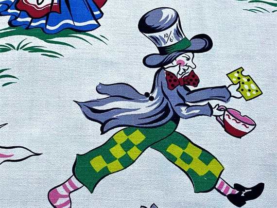 Alice in Wonderland RARE Barkcloth Vintage Fabric Yardage Remnant 1950's Fairy Tales 4YDS Avail.