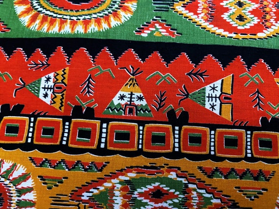 2+YDS Tee Pees & Tribal Masks Vintage Fabric Garment Dress Yardage