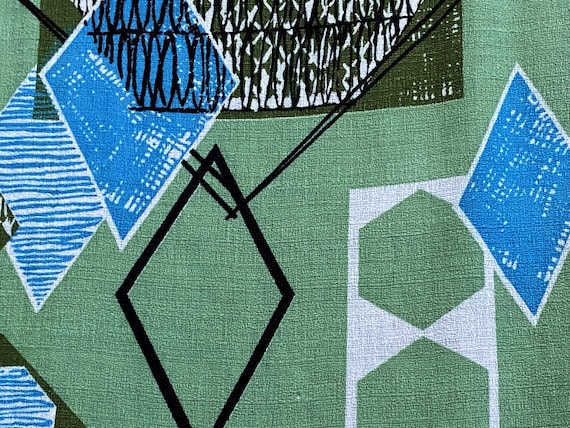 2.3YDS Celadon Geometric w/ Turquoise Diamonds Barkcloth Vintage Fabric 50's Yardage