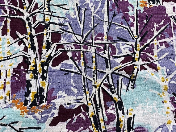 Purple Durple! Abstract Birch Trees Barkcloth Vintage Fabric MOD 50's Unused Yardage 3YDS Avail.