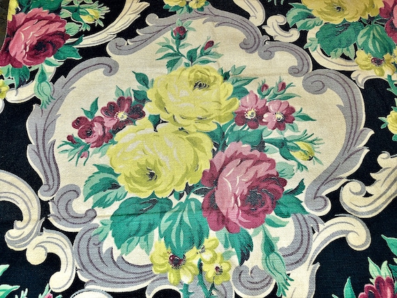 1920's Rococo Hollywood Glam Barkcloth Era Vintage Fabric Remnant Cabbage Roses on Black!