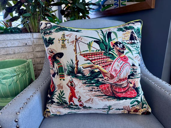 YUCATAN! Mayan Basket Weaving 1940's Primitive Mid Century Barkcloth Vintage Fabric PILLOW