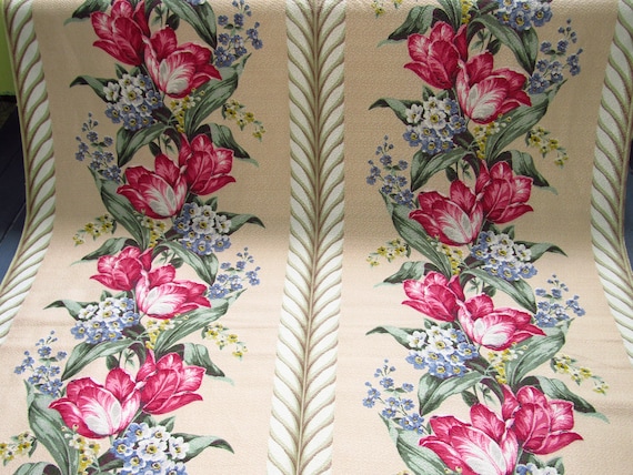 Springtime Tulips Barkcloth Vintage Fabric 1930's Yardage Shabby Chic Cottage DIY Bags Pillows