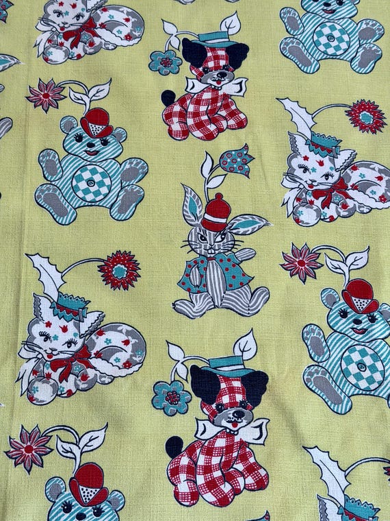KITTEN Stuffed Animals Bears Rabbit Novelty Mid Century Barkcloth Vintage Fabric 3YDS Avail.