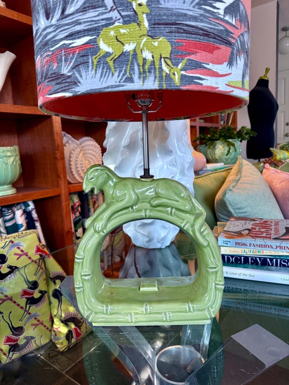 Rare 1940’s DECO Panther & Bamboo Table Lamp with Polynesian Barkcloth Vintage Shade