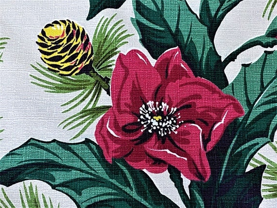 1930's Magnolias & Pine Cones Tropical Barkcloth Fabric Yardage Miami Beach Style 4YDS Avail.