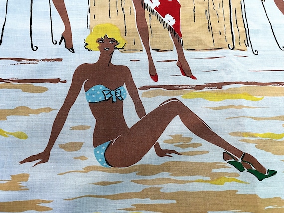 60's French Riviera Bathing Beauties at Bar Du Soleil Vintage Fabric Novelty Circle Skirt Yardage 4YDS AVAIL.