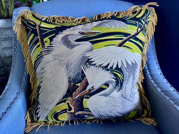 Egret & Swirl Butter Gold Bullion Fringe 1930's Miami Beach Art Deco Mid Century Barkcloth Fabric PILLOW