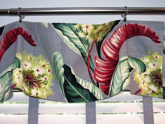 Hollywood Regency Barkcloth Tropical Vintage Fabric Drape Valance with Art Deco Banana Leaves