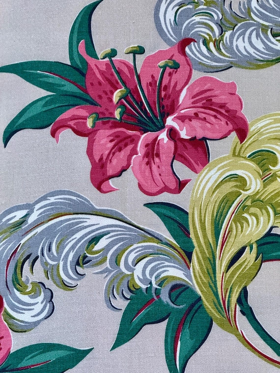 EXOTIC! 5.5YDS Dorothy Draper Inspired Glam Stargazer Lilies on Custard Barkcloth Vintage Fabric