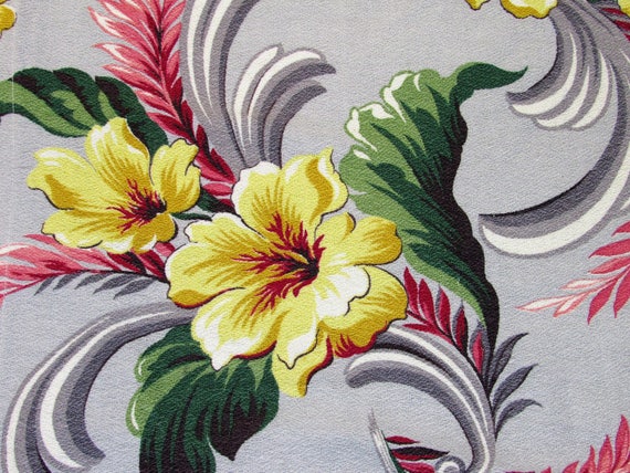 Hawaii Meets South Beach Island Style Hibiscus Barkcloth Vintage Fabric Drape Curtain