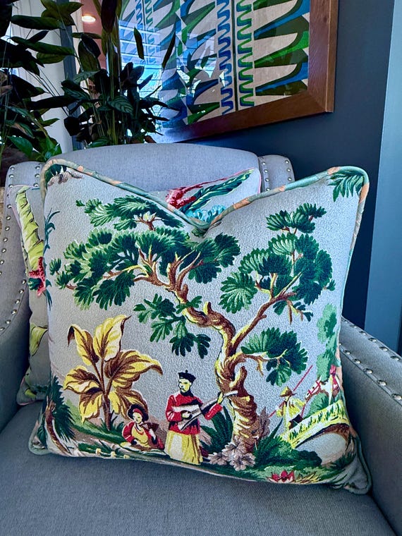 Chinois Oriental Gardens & jade Brocade 50's Mid Century Barkcloth Vintage Fabric PILLOW