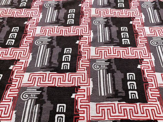 Unique 40’s Abstract Atomic Grecian Columns & Key Design Barkcloth Vintage Fabric Drape Curtain for Home Decor