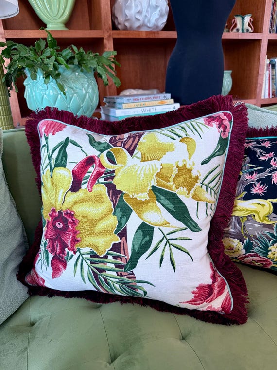 ORCHIDS Georgia O’Keefe Hawaiian Tropics 1940's Mid Century Barkcloth Vintage Fabric PILLOW Cover