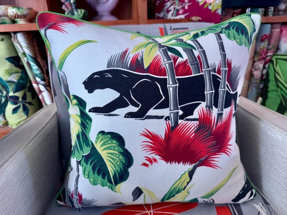 Panther & Palms Swank Miami Beach Art Deco Mid Century Barkcloth Fabric PILLOW