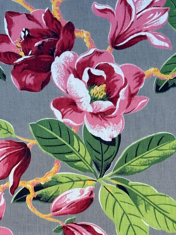 1930’s Pinkiest of PINKS Old Fashioned MAGNOLIAS Barkcloth Vintage Fabric Drape Curtain