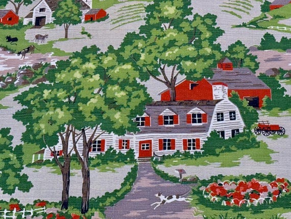 3.3YDS Rural Countryside 1940's Primitive Scenic Farm Life Barkcloth Vintage Fabric