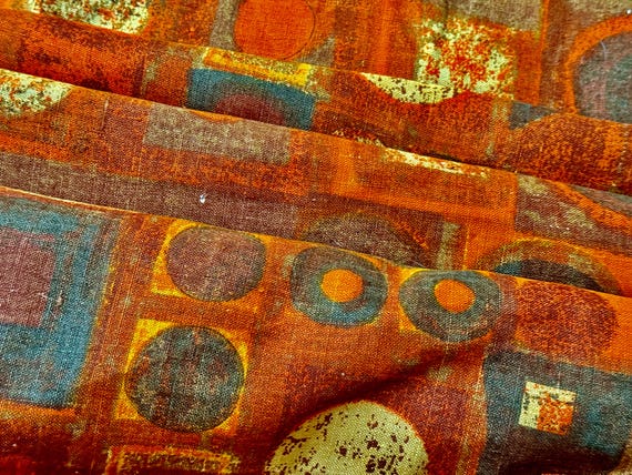 Orbs of Fire Geometric 60's 1970's Mid Century Linen Upholstery Decorator Vintage Fabric 7YDS Avail.