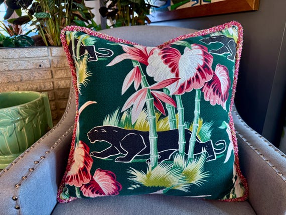Jungle Life Miami Beach Panther & Palms Art Deco Mid Century Vintage Fabric PILLOW