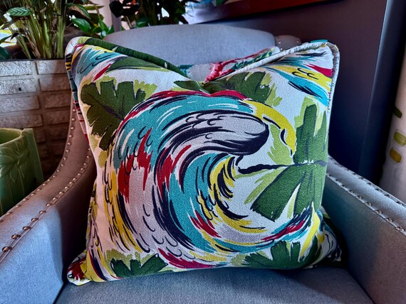 Rainforest Leafy Art Deco Miami Beach Mid Century Barkcloth Vintage Fabric Reversible PILLOW
