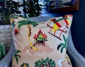 HULA HULA Hawaiiana Land 1940's Mid Century Barkcloth Vintage Fabric PILLOW Cover