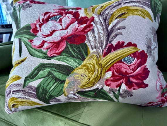 Striking 1930’s Bird and Roses Hollywood Regency Barkcloth Vintage Fabric PILLOW