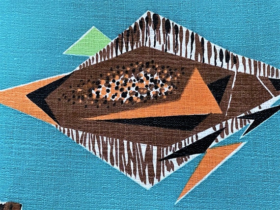 Atomic TIKI Tiger Shark on Turquoise Barkcloth Vintage Fabric 1950's 4YDS Avail.
