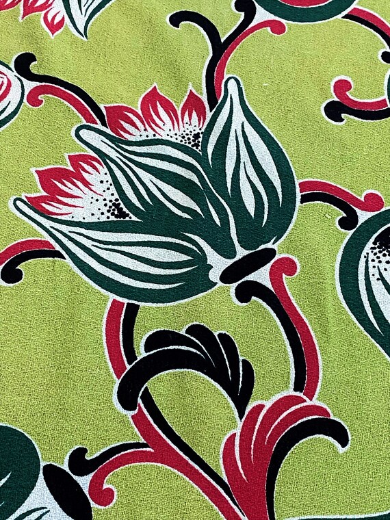 30's Art Deco Crazy Abstract Flowers on Chartreuse Barkcloth VIntage Fabric Drape Curtain 5 Avail.