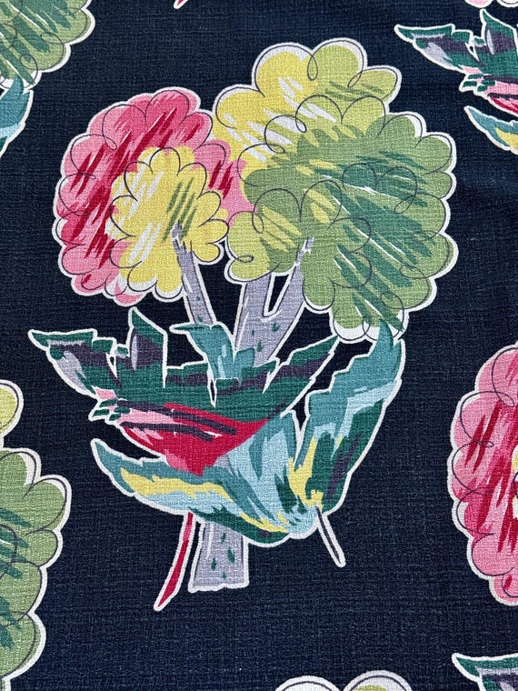 50's Biomorphic Abstract Stylized Crazy TREES on BLACK Barkcloth Vintage Fabric