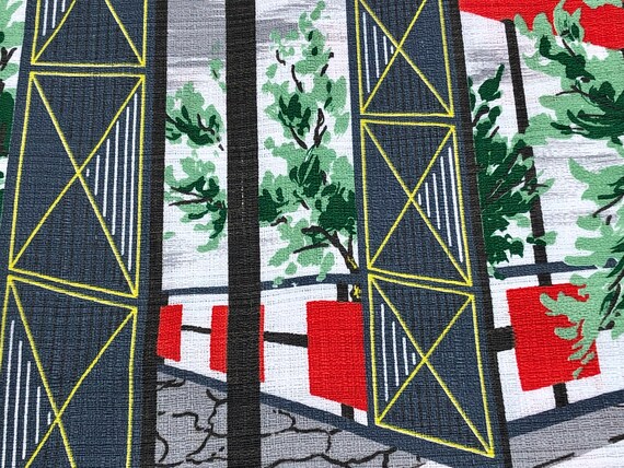 Mid Century Atomic Cityscape Barkcloth Vintage Fabric 50's Architectural Platform Yardage 8YDS Avail.