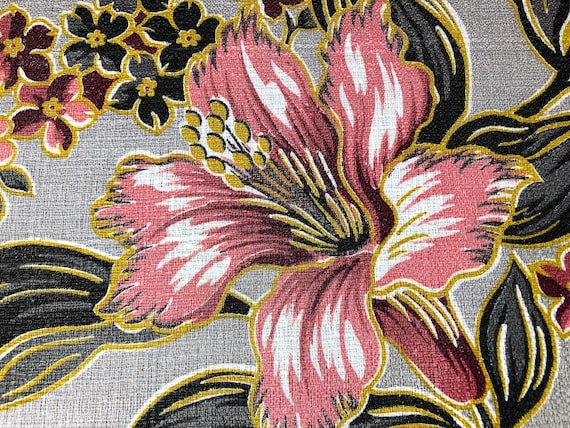 Stylized Pink Hibiscus Barkcloth Vintage Fabric Yardage Hollywood Regency Personified! 14YDS available.