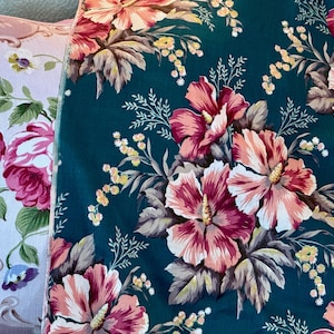 3YDS Hibiscus on Dark Teal Barkcloth Era Vintage Fabric Cotton Yardage Tropical Influence