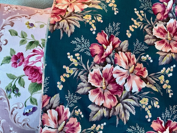 3YDS Hibiscus on Dark Teal Barkcloth Era Vintage Fabric Cotton Yardage Tropical Influence