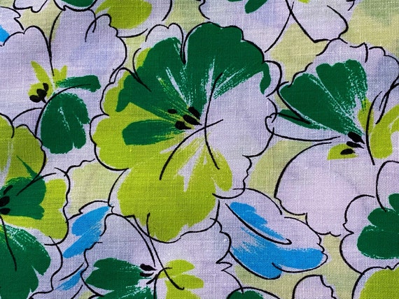 50's Chartreuse & Turquoise Hibiscus Vintage Fabric Cotton Skirt Dress Garment Light Upholstery BTY