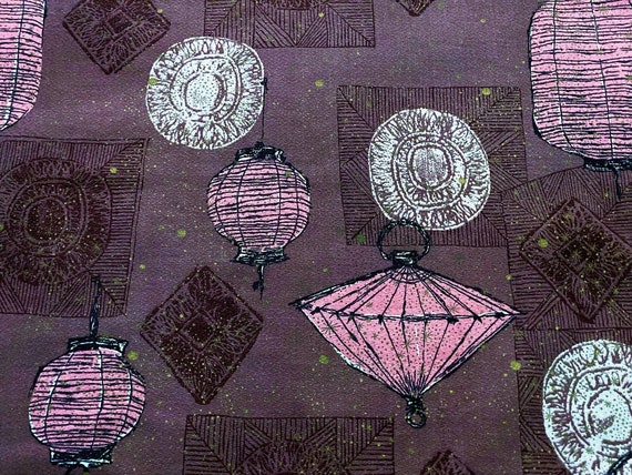 50's Hawaiian LUAU Bubble Gum PINK Chinese Lanterns on Espresso Barkcloth Vintage Fabric for Home Decor 3YDS Avail.
