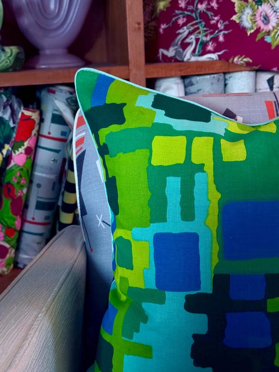 Moving Blocks Abstract POSH 1960's Geometric Mid Century Barkcloth Fabric PILLOW