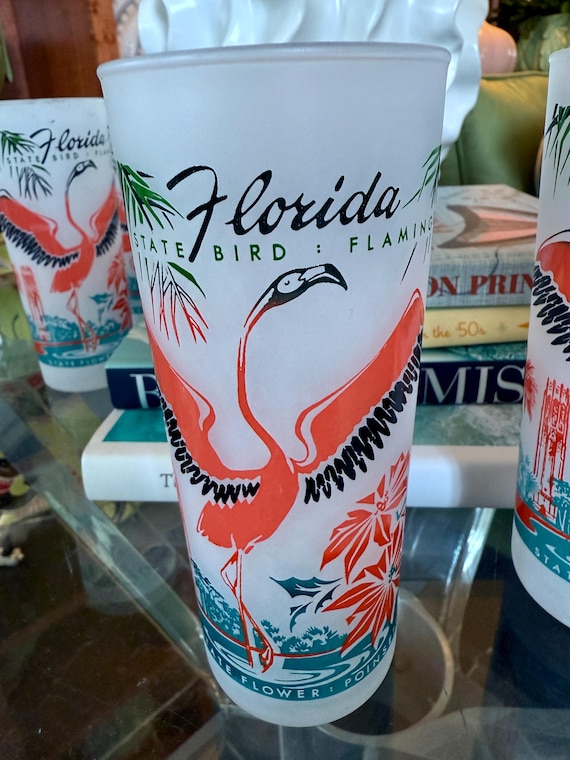 Rare 1950’s FLAMINGO Miami Beach Tom Collins Floridian Bar Ware Tumblers Drinking Glasses 8 Avail.