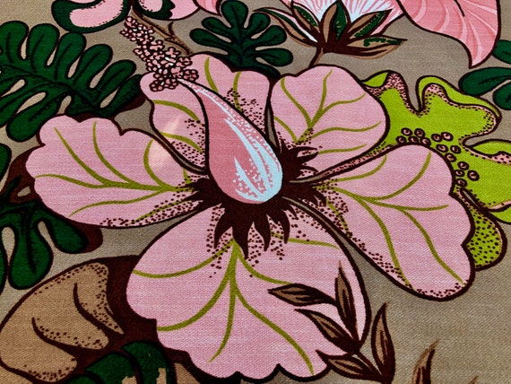 3YDS- Hand Print Bali Barkcloth Era Vintage Fabric Unused Yardage Hibiscus & Lotus