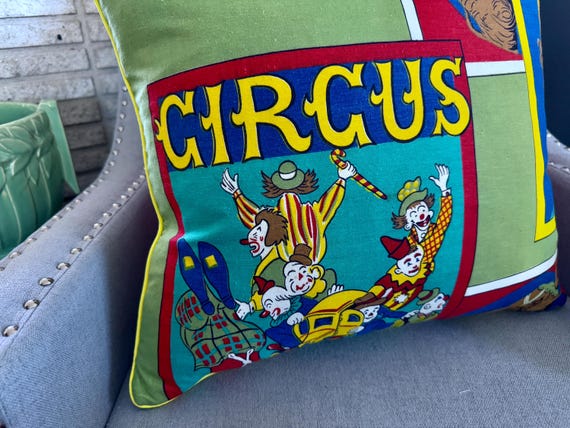 Clown Car! Circus Life 1950's Novelty Children's Mid Century Barkcloth Vintage Fabric PILLOW
