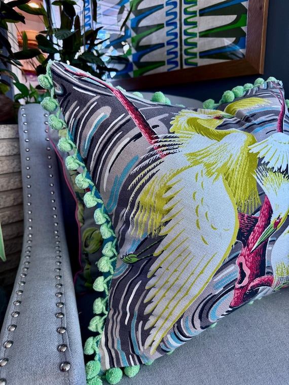 Egret & Swirl Jadeite Ball Fringe 1930's Miami Beach Art Deco Mid Century Barkcloth Fabric PILLOW